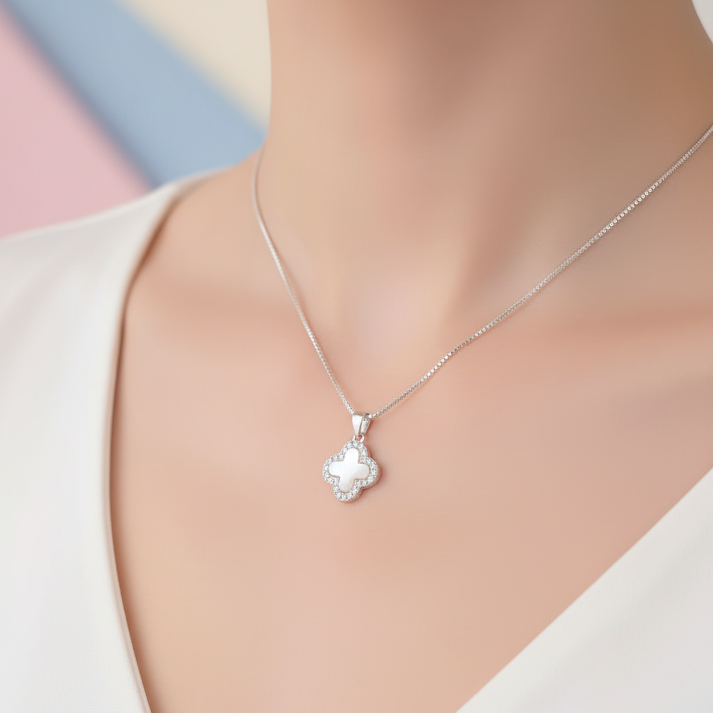 Clover necklace on neckline