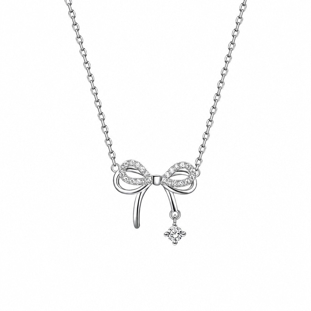 Shiny Silver Bow Necklace — white