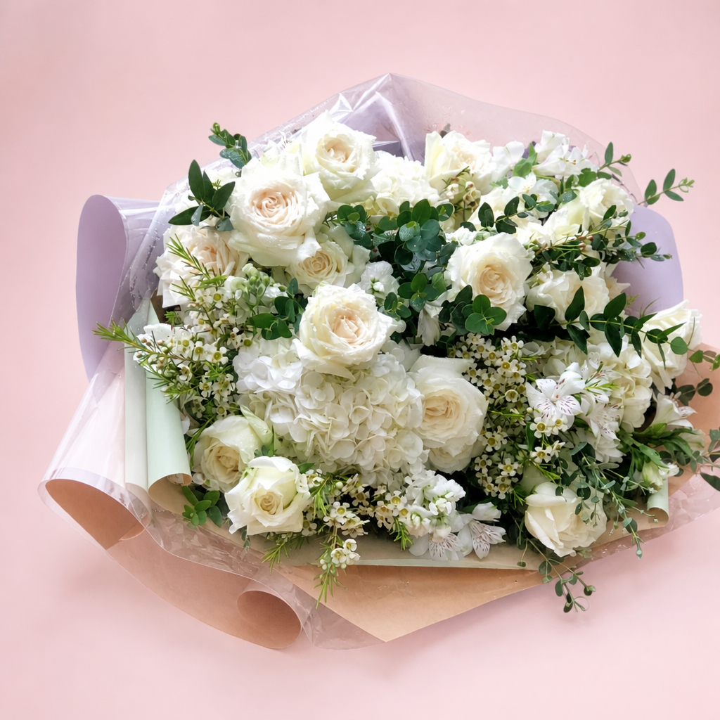 Snowy Romance Bouquet blush background