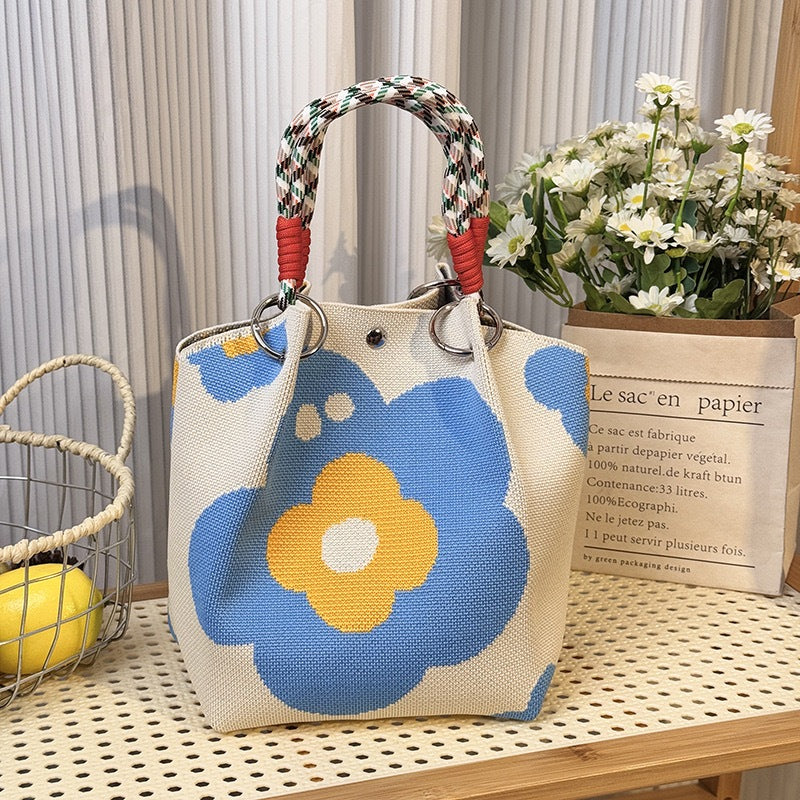 Knitted Top-Handle Handbag — Blue Flower