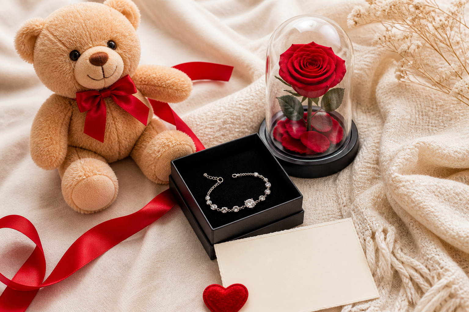 Romantic long-distance gift flat lay with rose, plush and jewellery