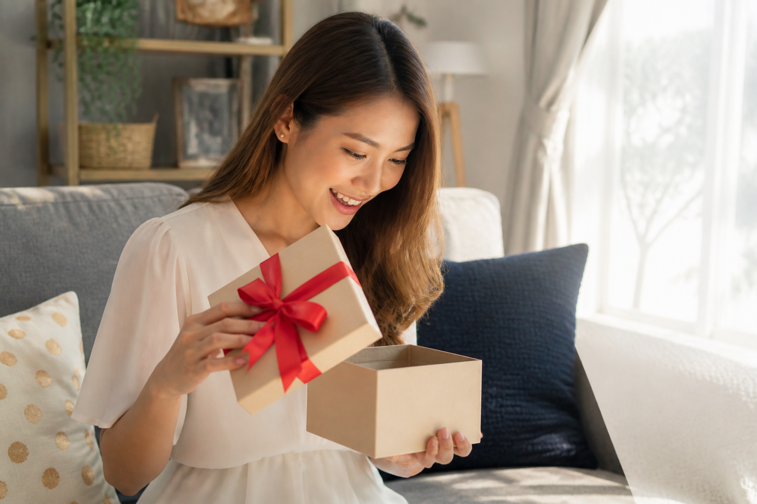 Thai woman happily opening a surprise gift at home