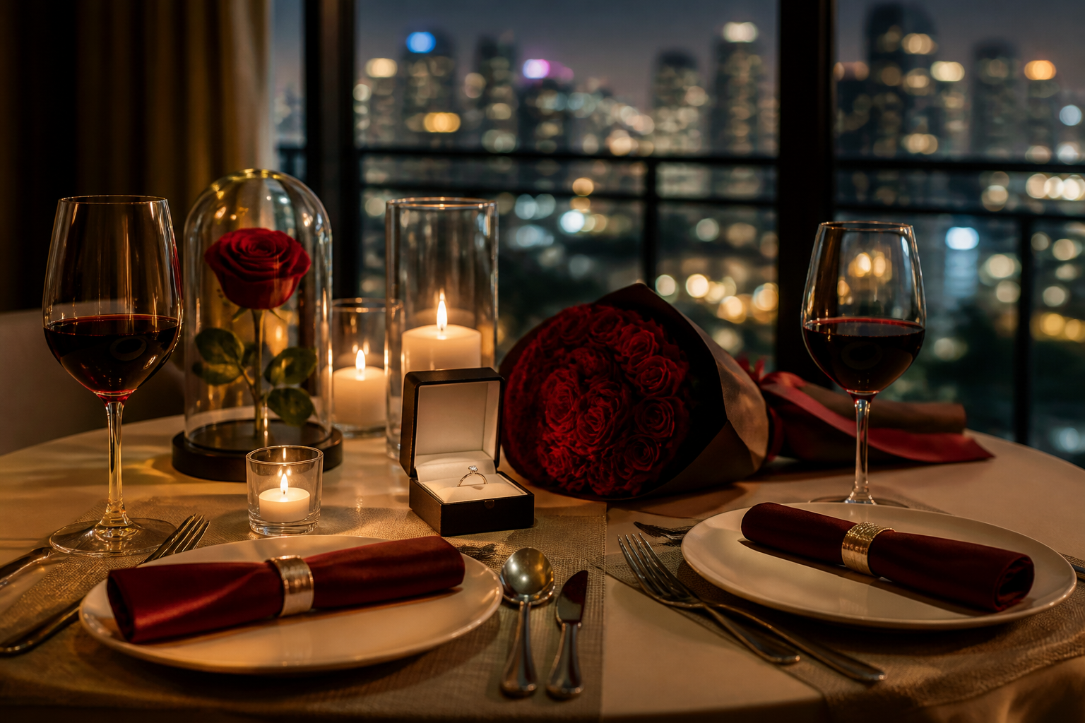 Romantic anniversary table with jewellery gift and forever rose