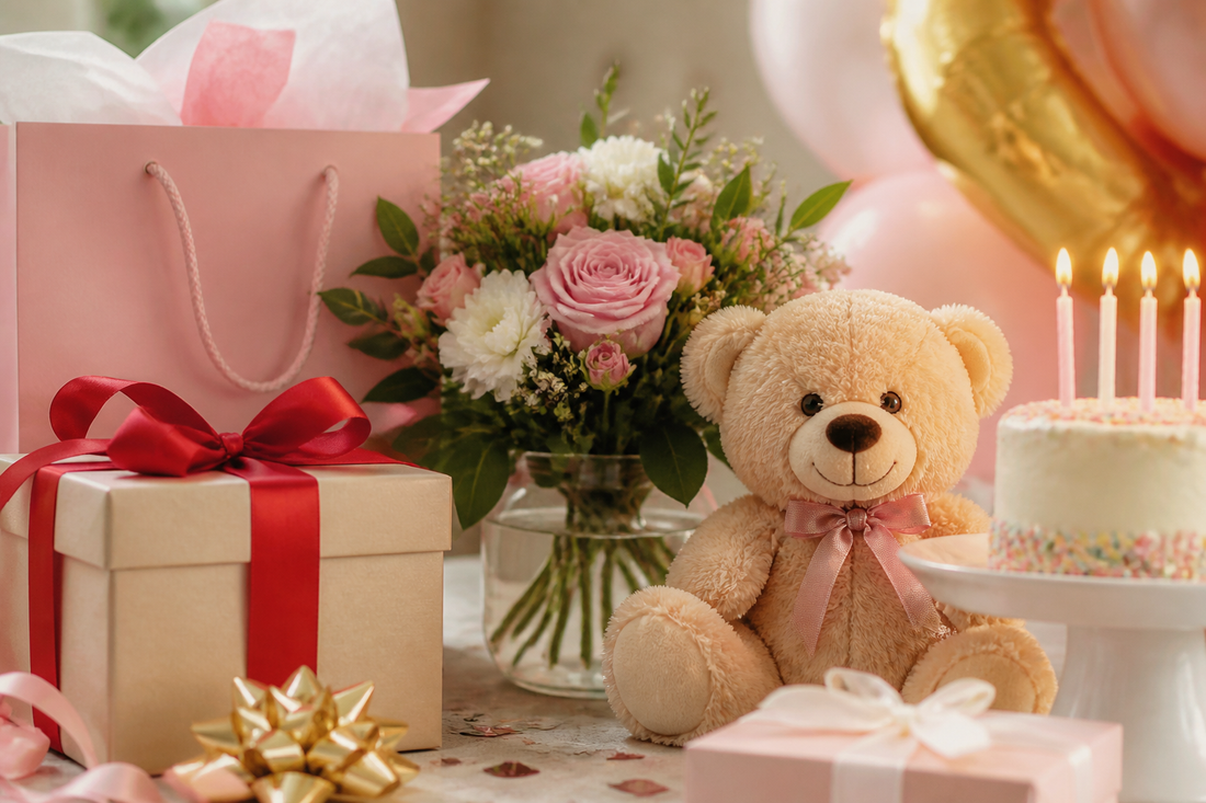 Birthday gifts flowers plush and cake celebration flat lay