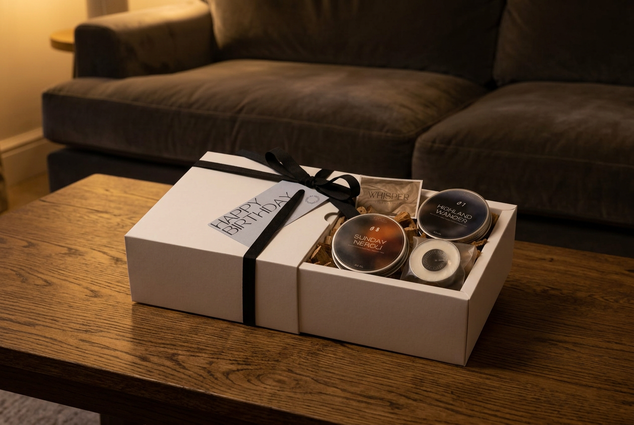 Scented Candle Gift Set on a living-room coffee table in the evening