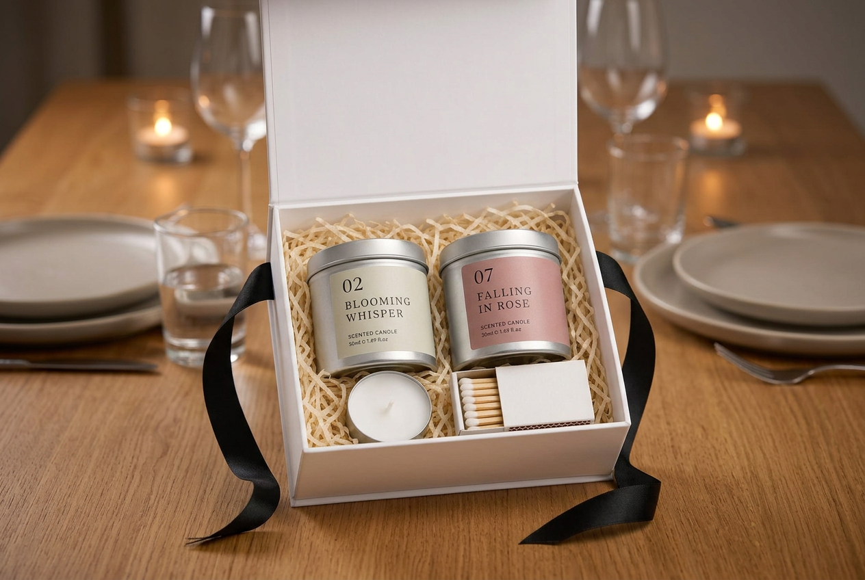 BLOOMING & ROSE Scented Candle Gift Set on a romantic dinner table for two