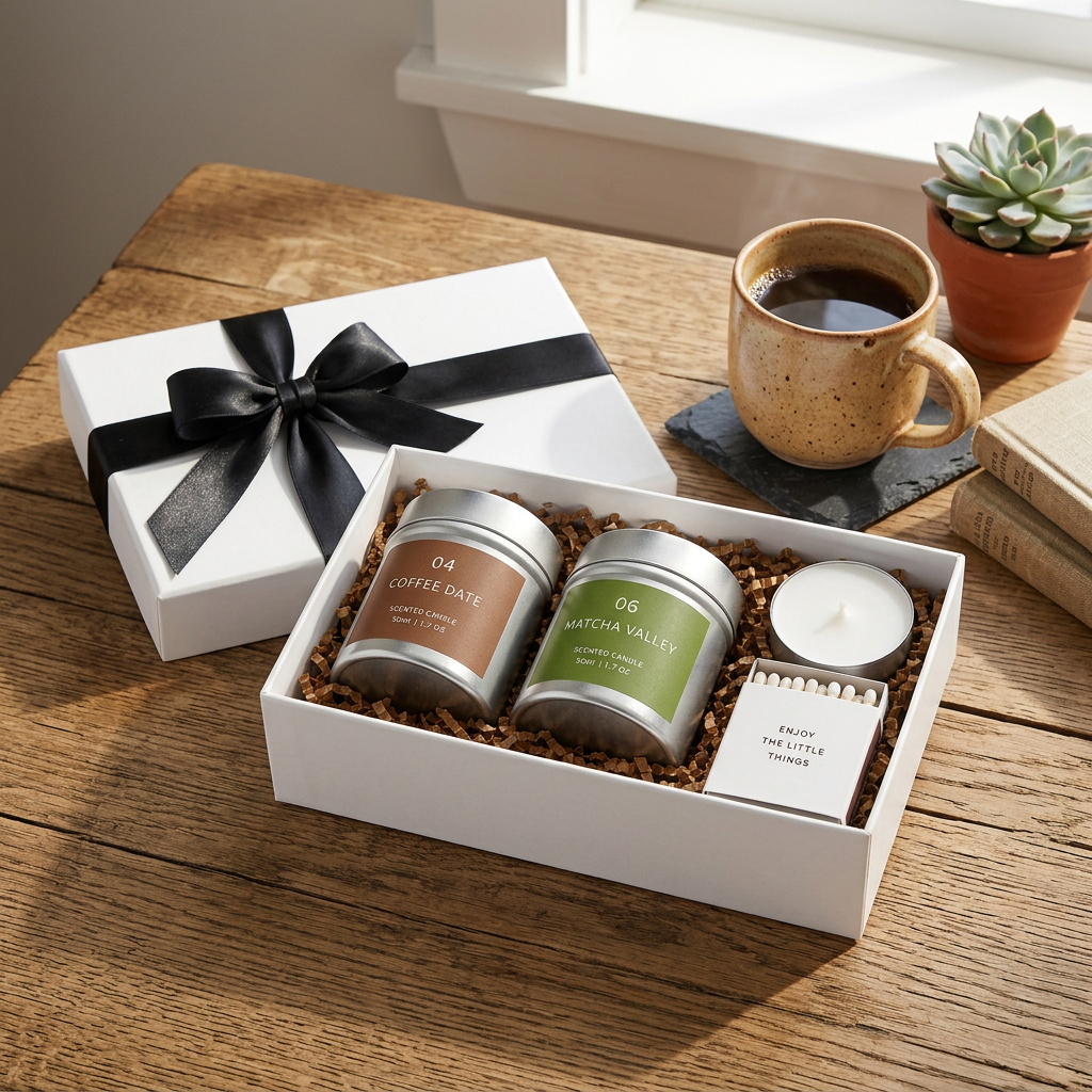 COFFEE & MATCHA Scented Candle Gift Set beside a morning coffee setup on a wooden table