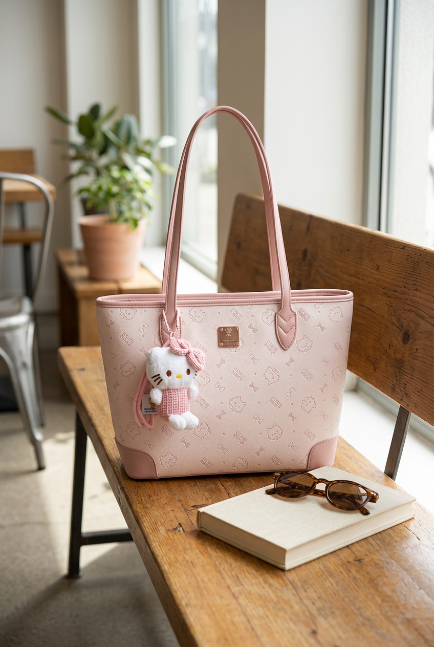 Pink Cow & Kitty tote bag on a wooden bench in a bright café, with a book and sunglasses beside it