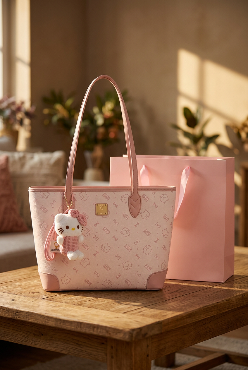 Pink Cow & Kitty tote bag as a gift on a coffee table with a plain gift bag beside it, in warm afternoon light