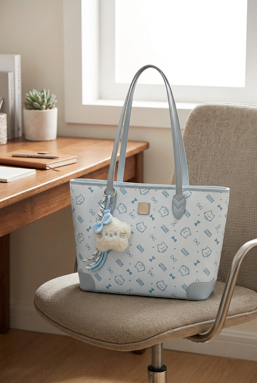 Blue Cow & Kitty tote bag on a home-office chair beside a desk in soft daylight