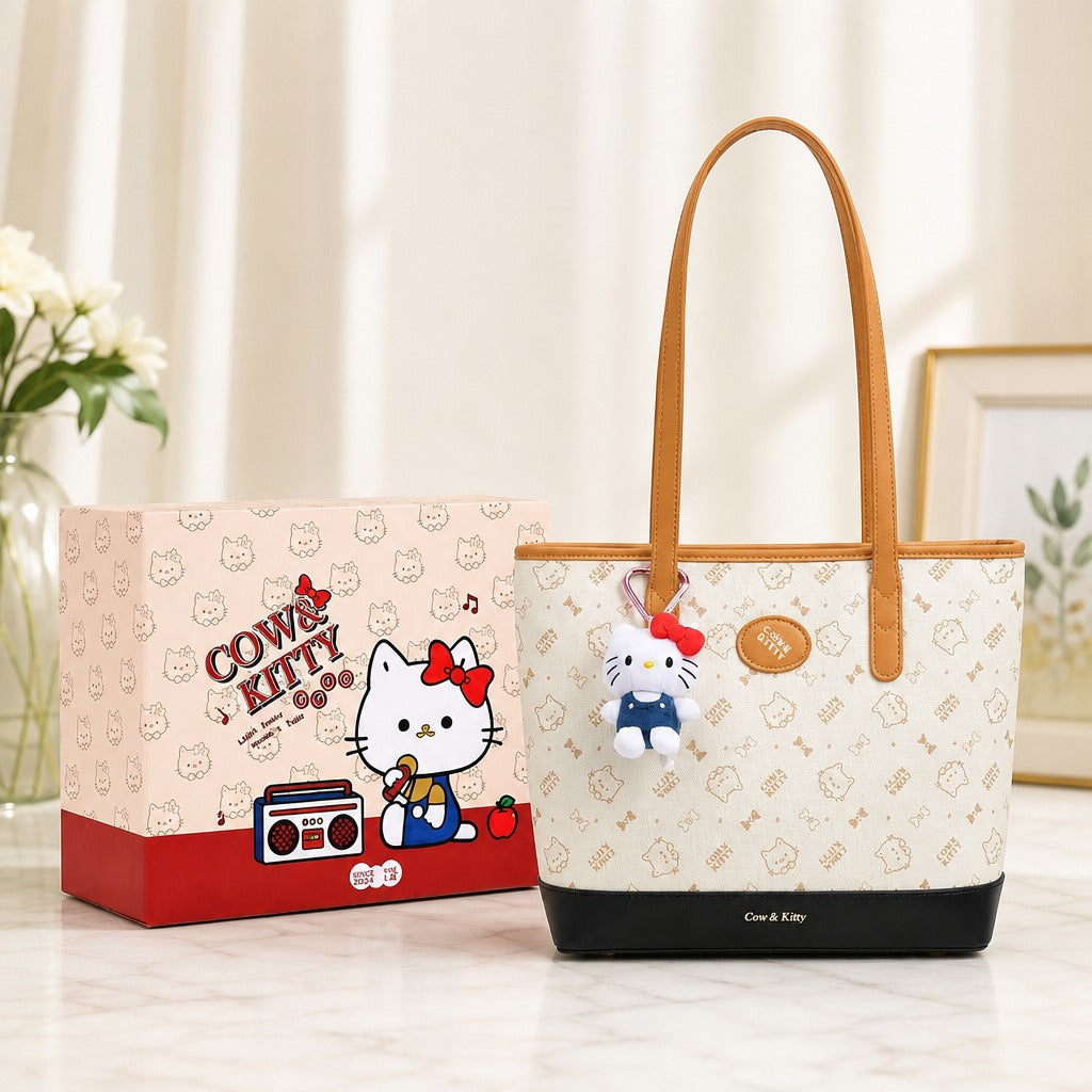 Cow & Kitty Pink Tote Bag — White lifestyle