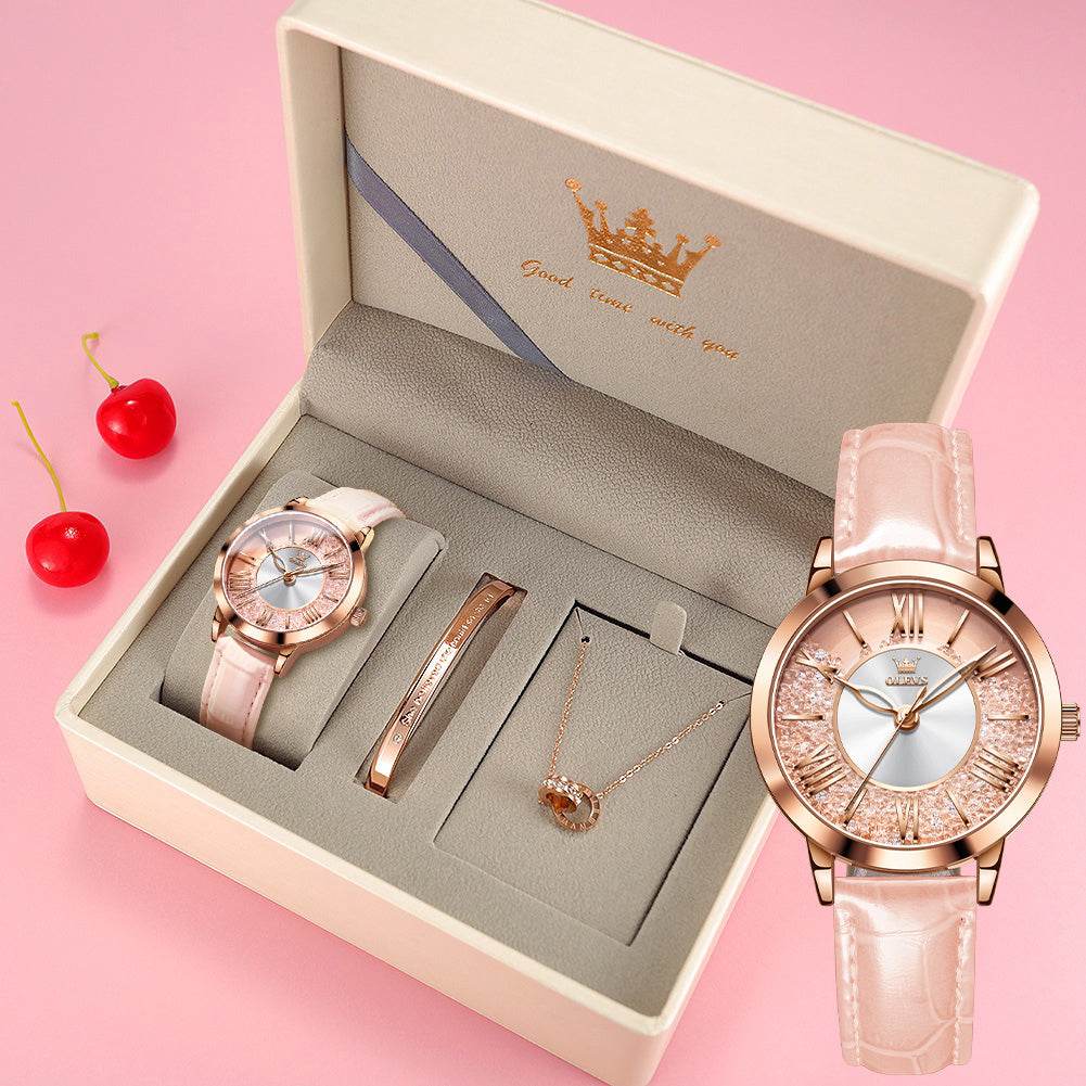 OLEVS Stainless Steel Women's Watch — Blush Leather Romance
