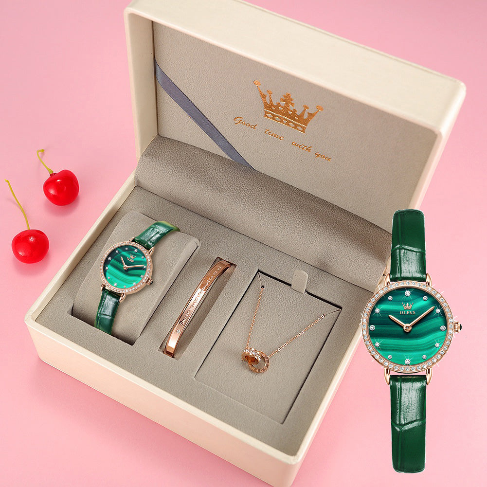 OLEVS Stainless Steel Women's Watch — Malachite Crystal Green