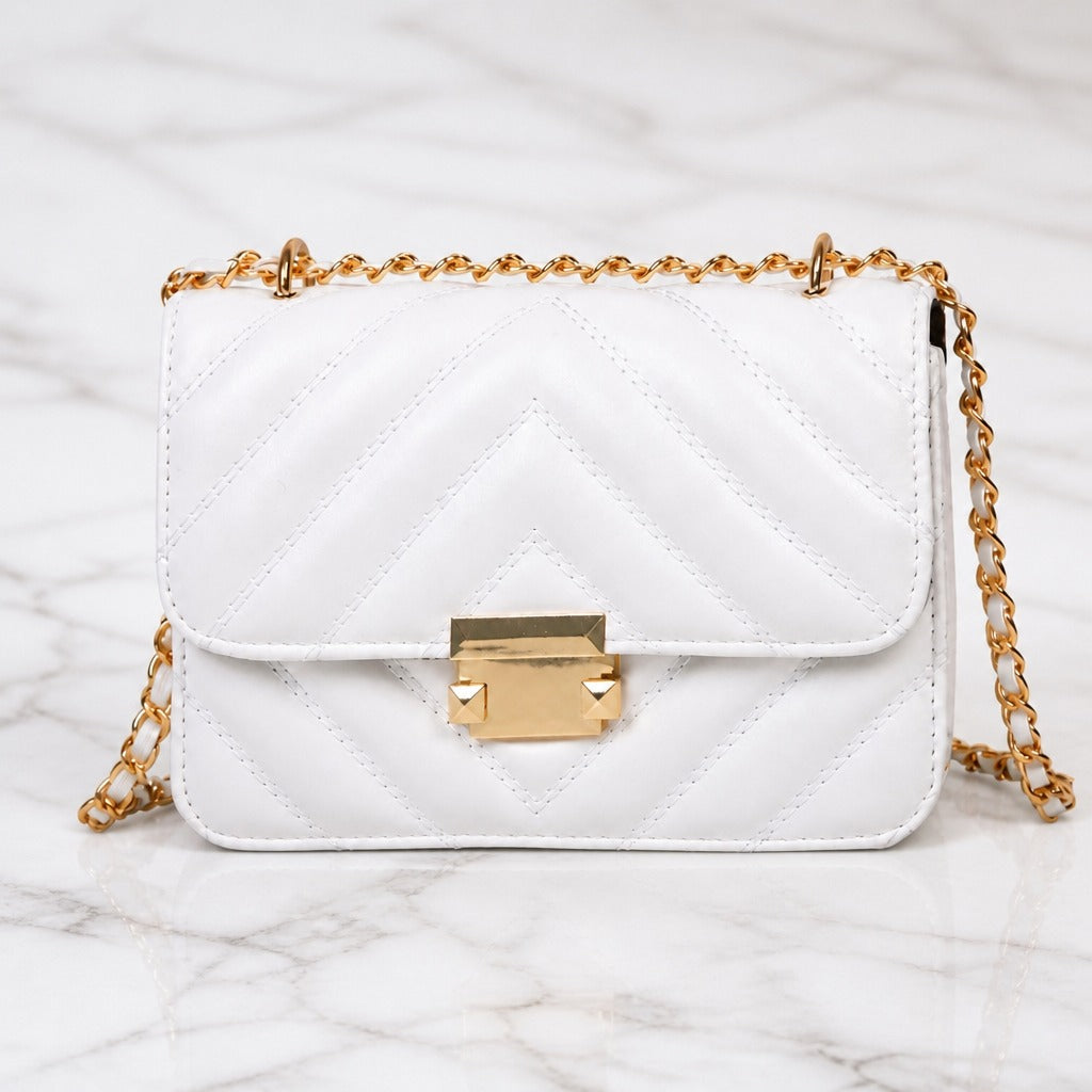 Shoulder Bag with Gold Chain — White marble