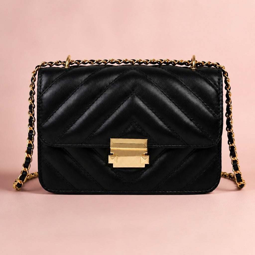 Shoulder Bag with Gold Chain — Black blush