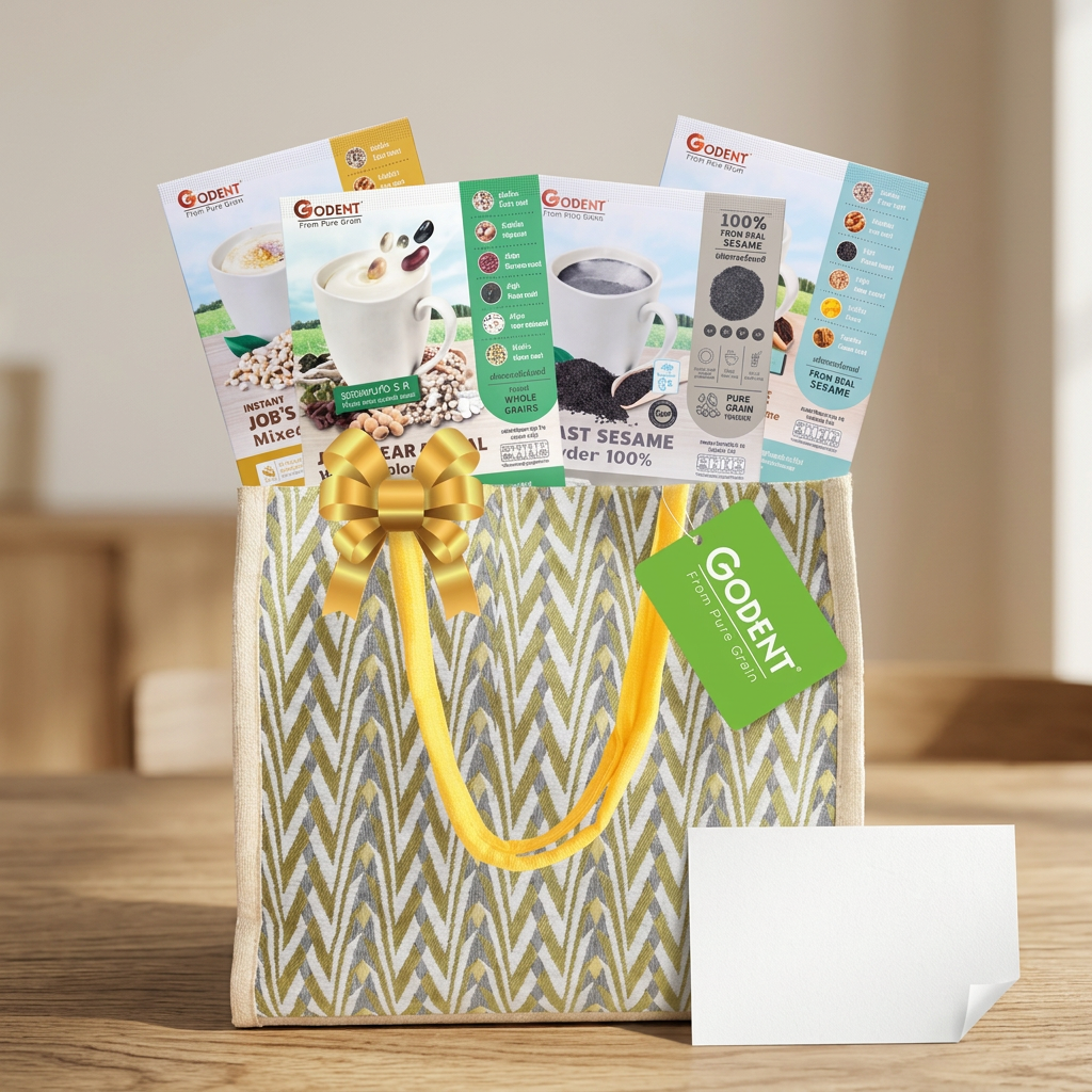 Golden Wellness Gift Set, Giftset S, on a dining table beside a blank gift card in soft daylight