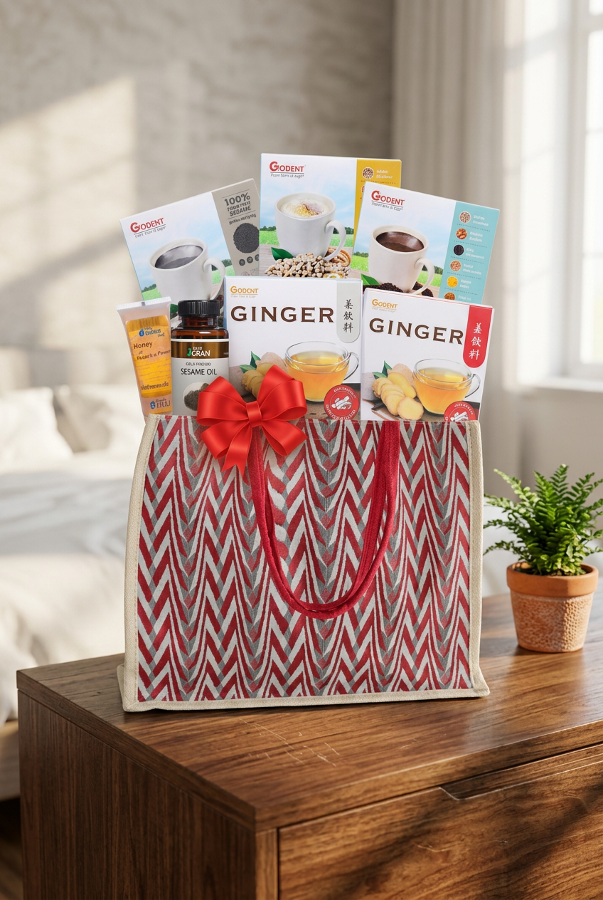 Golden Wellness Gift Set, Giftset M, on a bedroom dresser beside a small plant in soft morning light