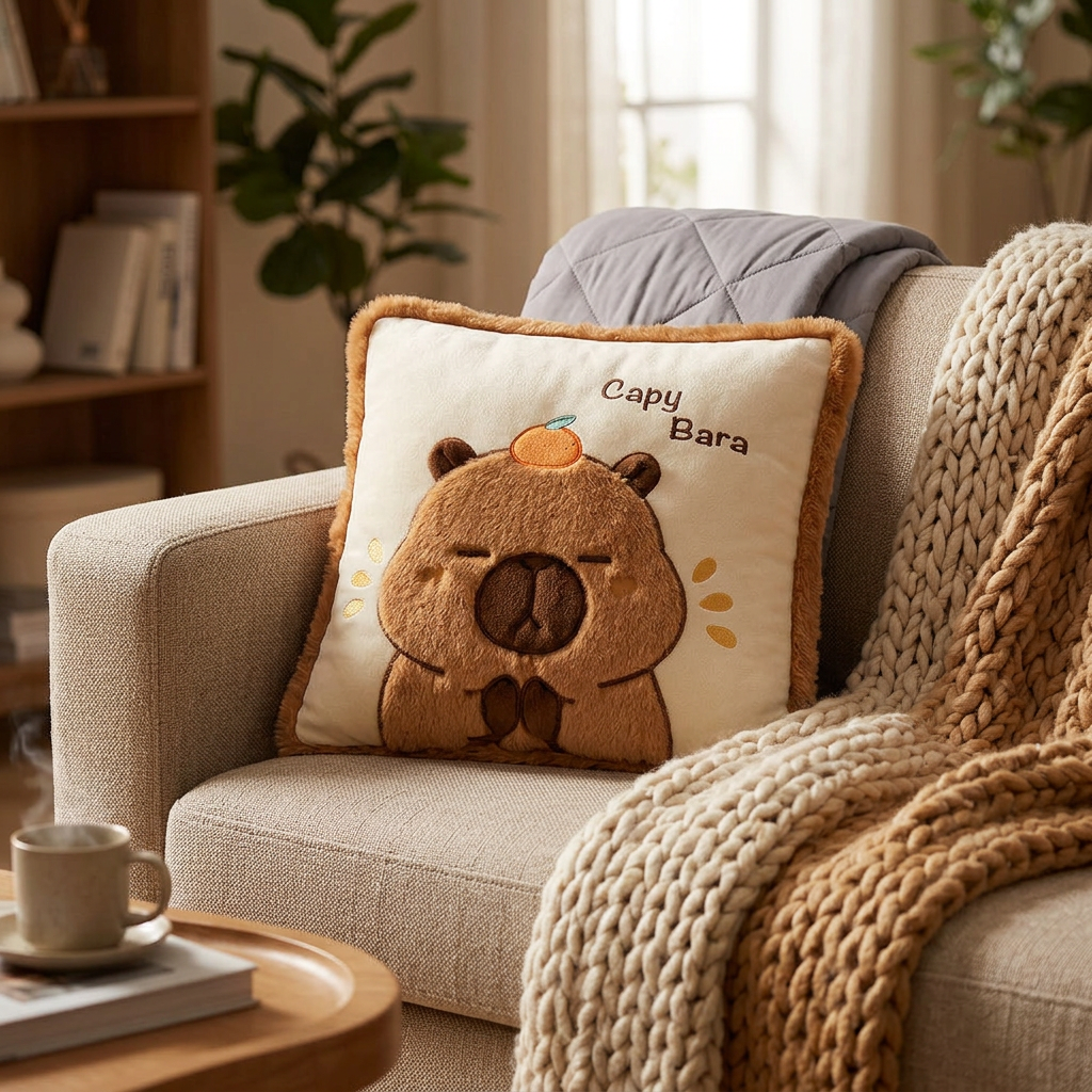 Capybara plush pillow on a sofa with a knitted throw in a cosy living room
