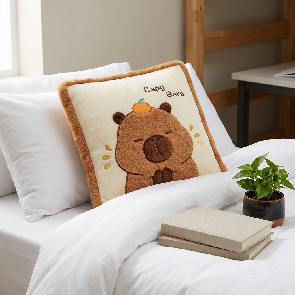 Capybara plush pillow on a dorm-room bed with plain books and a small plant nearby