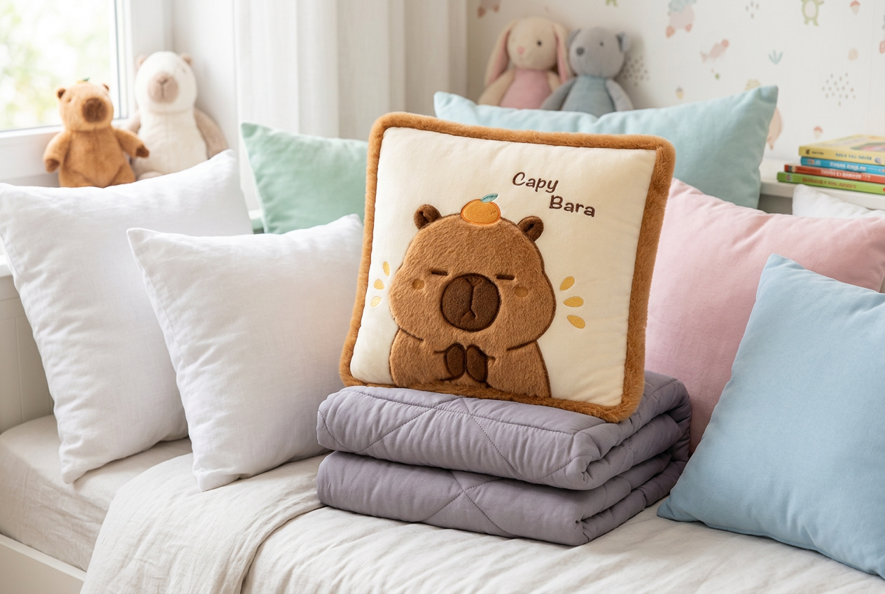 Capybara plush pillow on a bed among pastel pillows in a bright bedroom