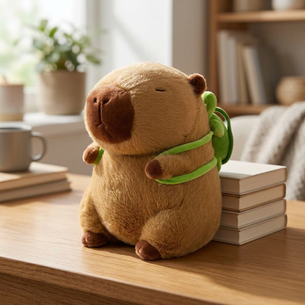 Capybara Turtle Backpack Plush Pillow seated on a dorm-room desk against a stack of plain books