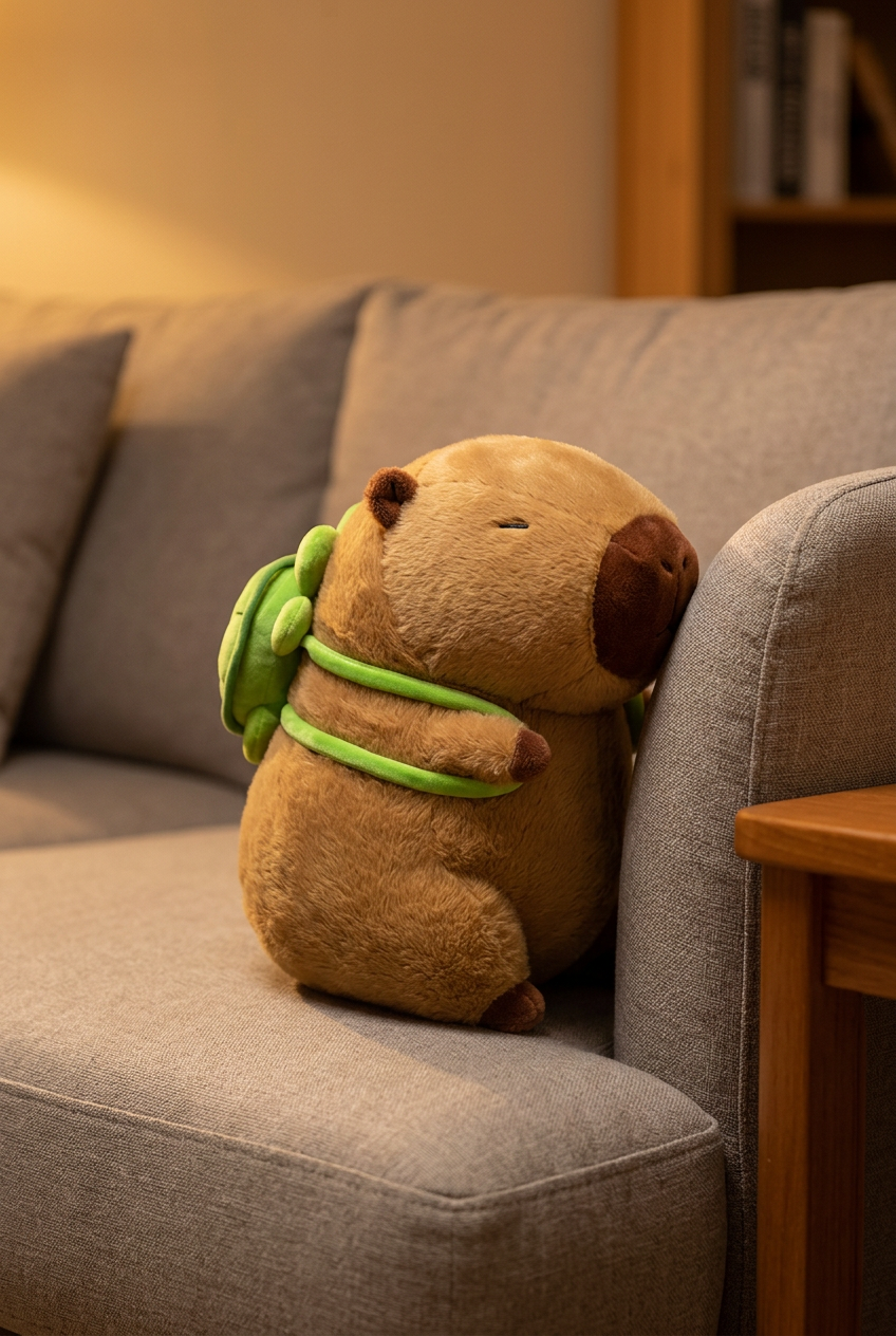 Capybara Turtle Backpack Plush Pillow seated on a sofa cushion leaning against an armrest