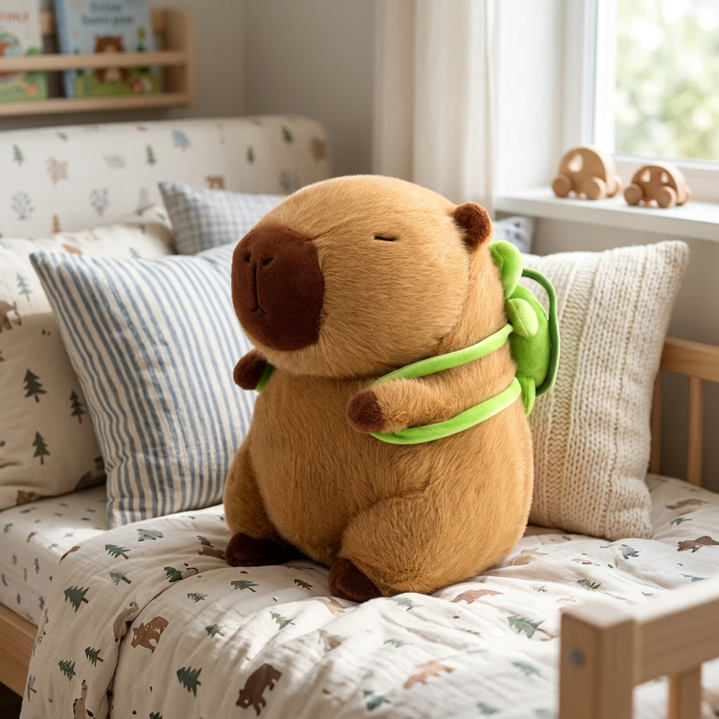 Capybara Turtle Backpack Plush Pillow seated on a child's bed against pillows