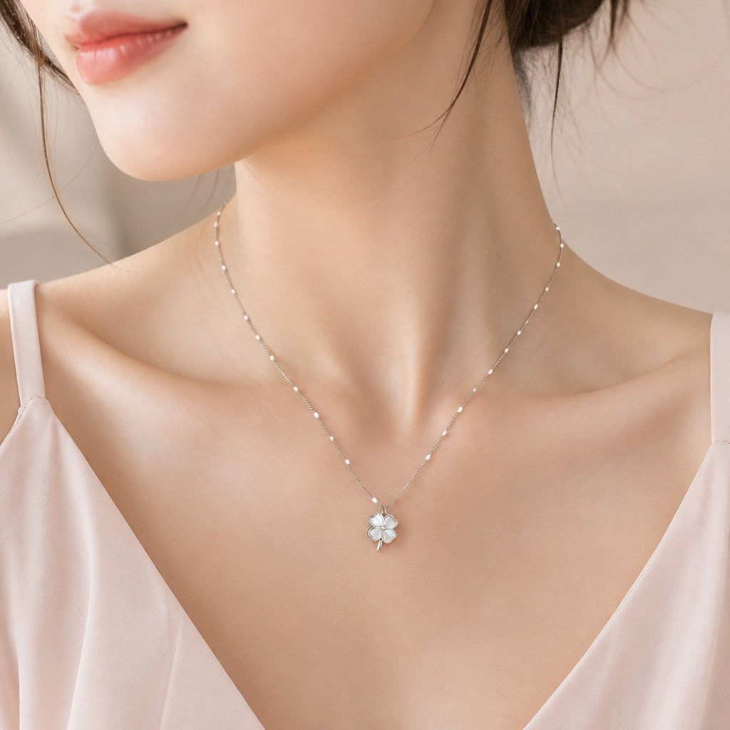 Charming Clover Silver Necklace — on model