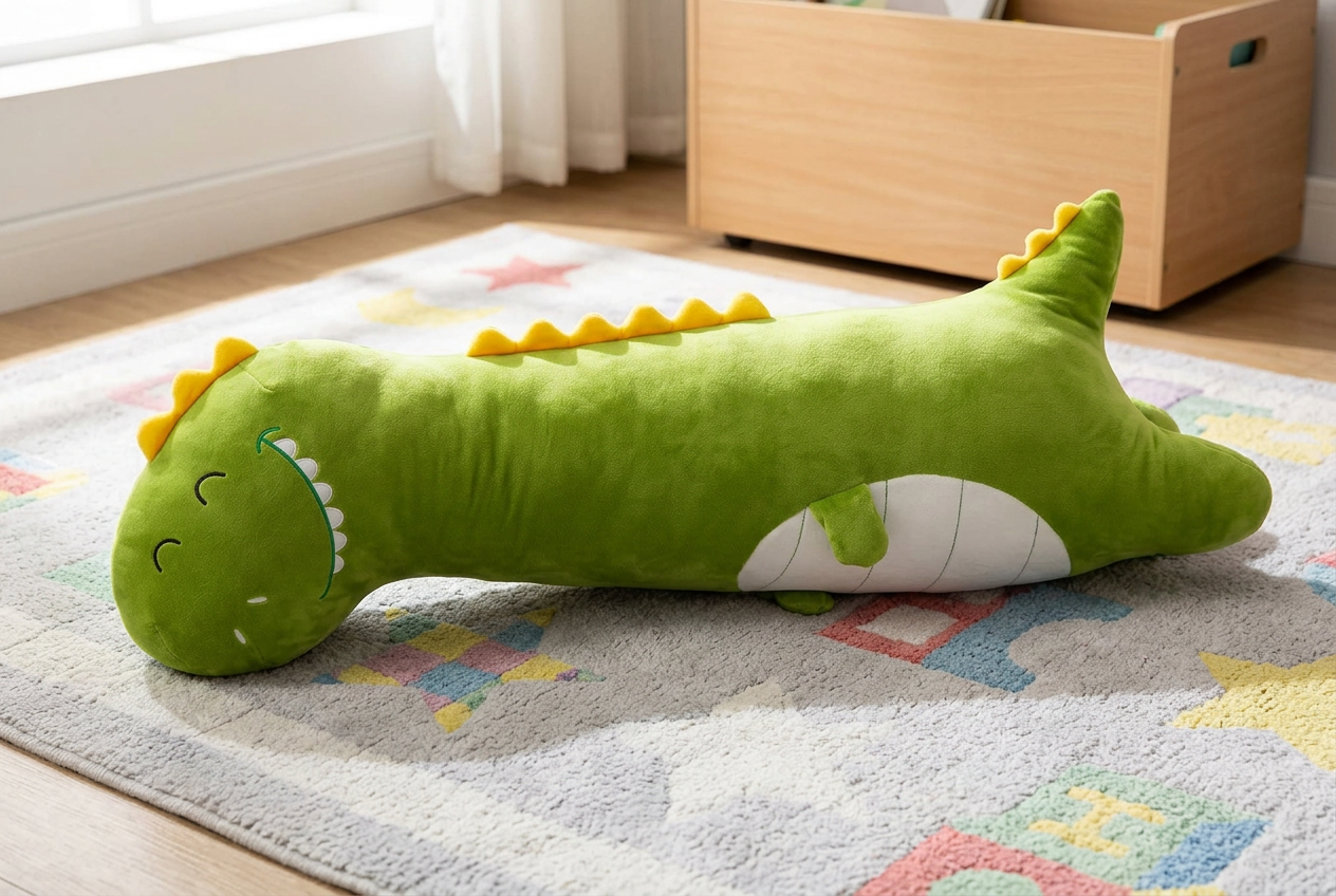 Green dinosaur bolster plush lying lengthwise on a playroom rug, with a plain toy storage box behind it
