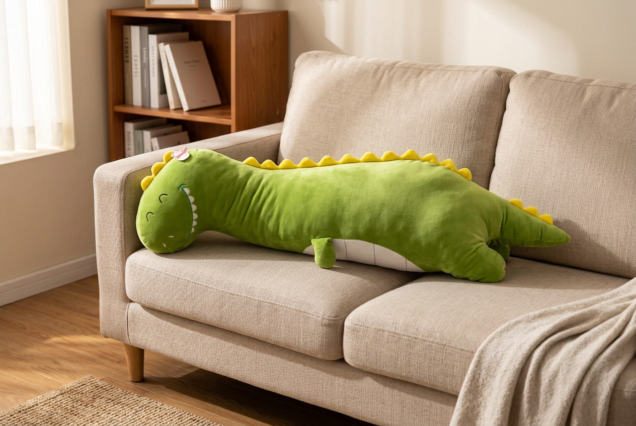 Green dinosaur bolster plush lying lengthwise in a cosy reading corner in front of a small bookshelf, in warm light