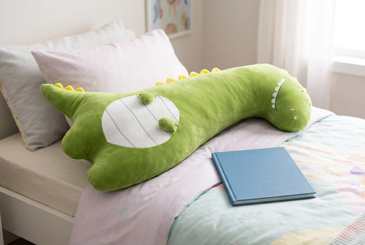 Green dinosaur bolster plush lying lengthwise along a child's bed beside the pillows, with a plain book beside it