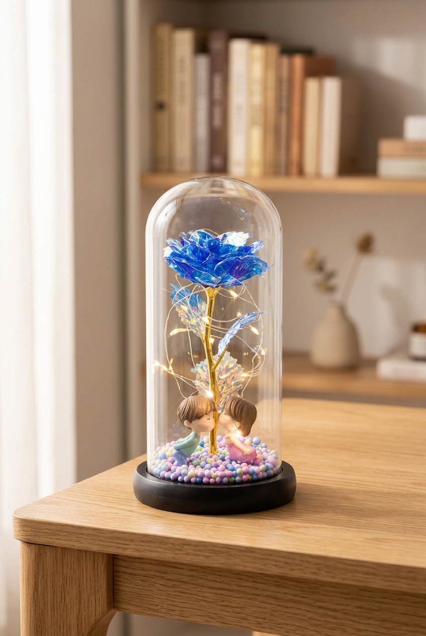 Blue Kiss Forever Rose in glass case on a calm modern desk beside a bookshelf