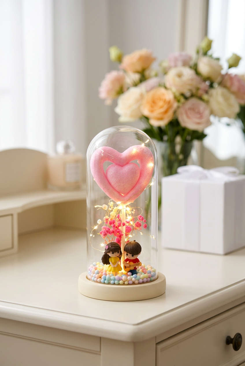 Pink Heart Forever Rose in glass case on a bright birthday dressing table