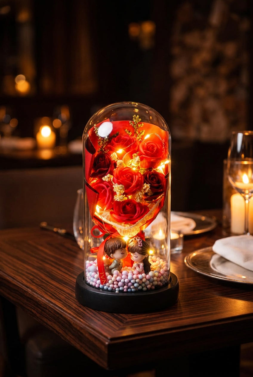 Red Forever Rose in glass case on a candlelit anniversary dining table