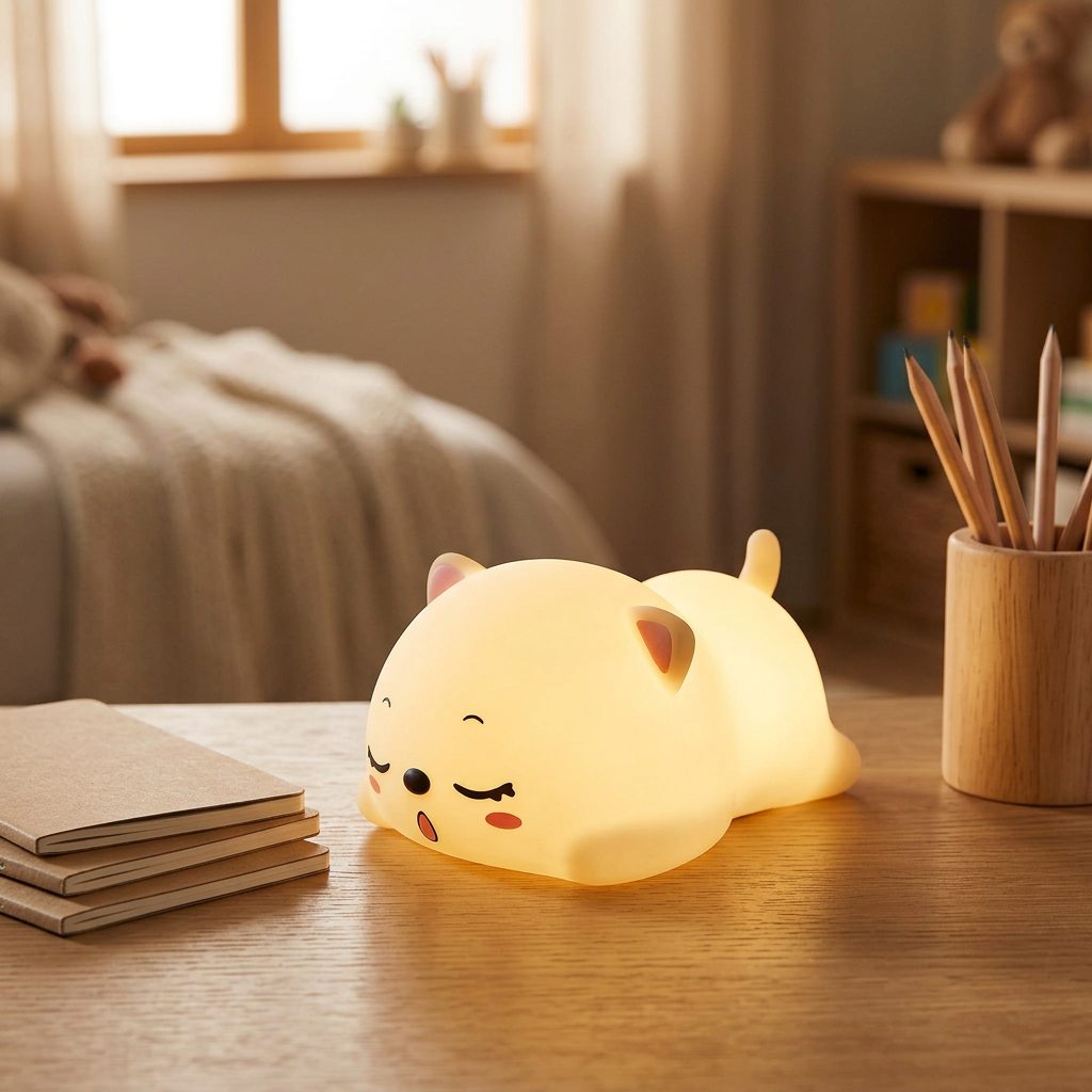 Cat Night Light glowing softly on a child's desk beside notebooks and a pencil pot
