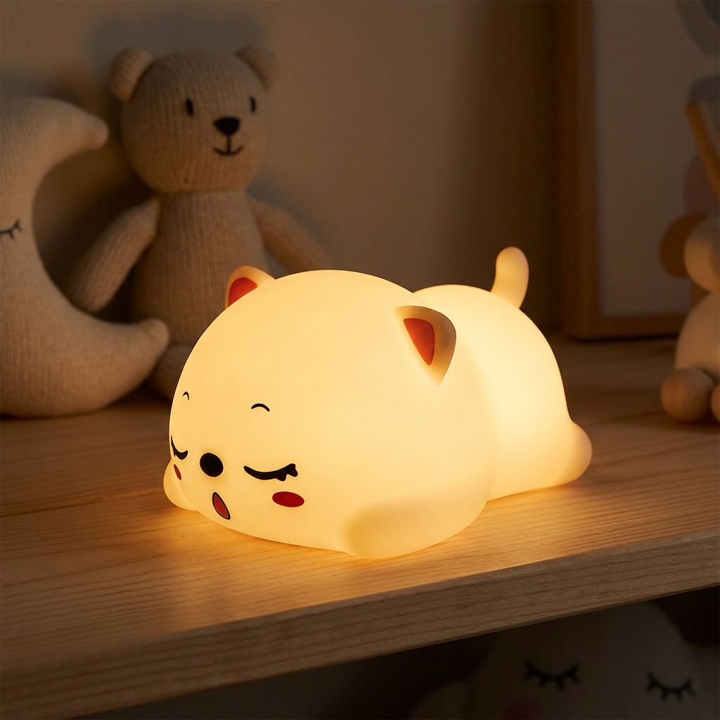 Cat Night Light glowing on a nursery shelf at night with soft toys in the background
