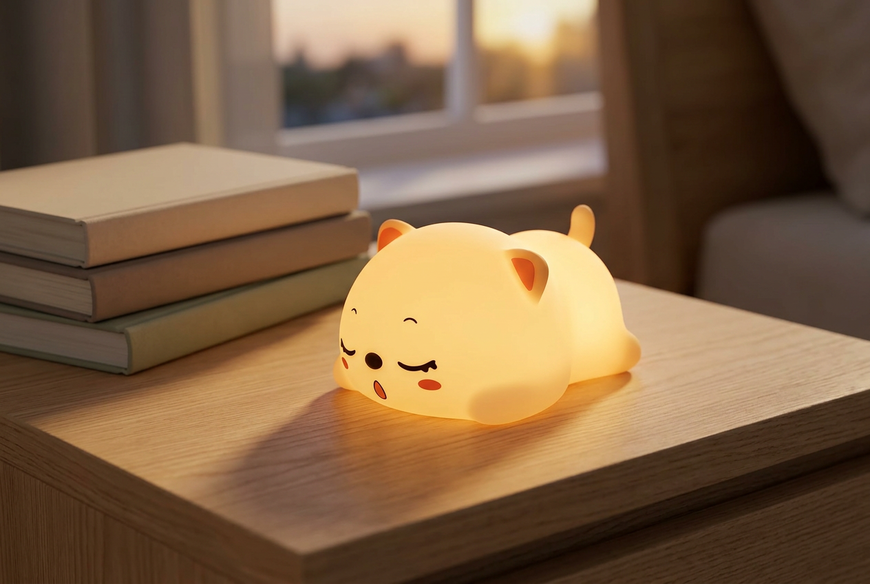 Cat Night Light glowing warmly on a bedside table at dusk beside books
