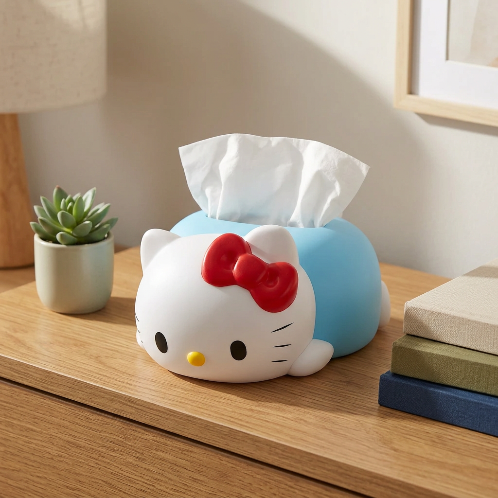 Cute Cat Tissue Cover on a bedroom dresser with a small plant and plain books