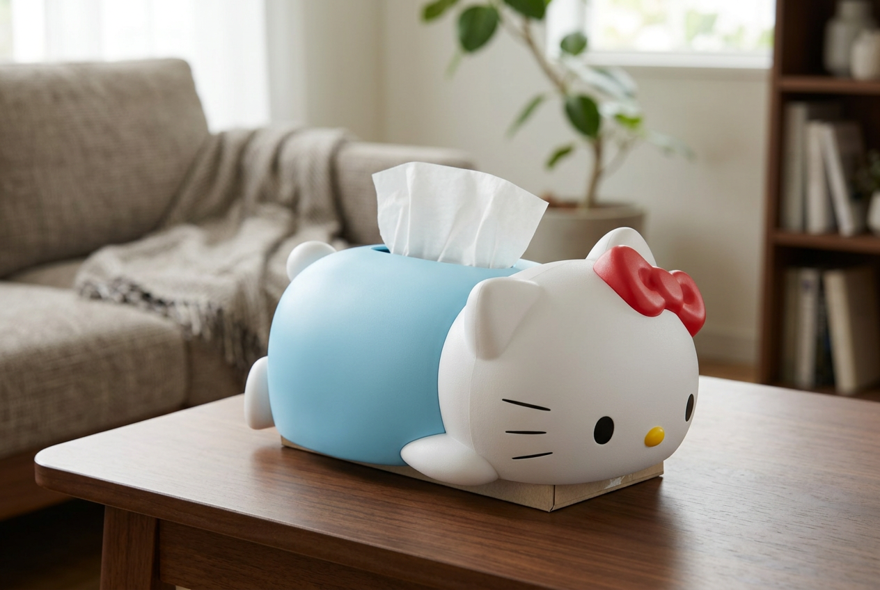 Cute Cat Tissue Cover on a living-room side table beside a sofa