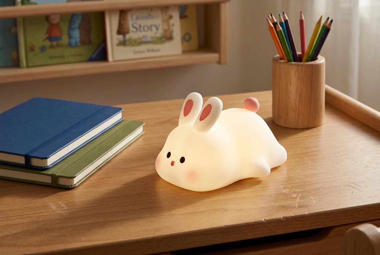 Cute LED Rabbit Lamp glowing softly on a child's desk beside plain notebooks and a pencil pot.