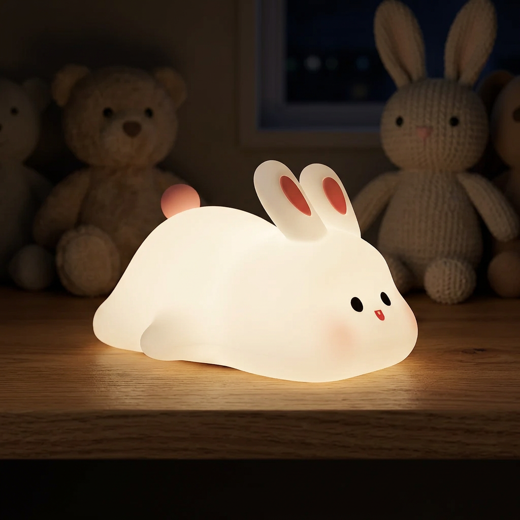 Cute LED Rabbit Lamp glowing gently on a nursery shelf with soft toys blurred in the background.