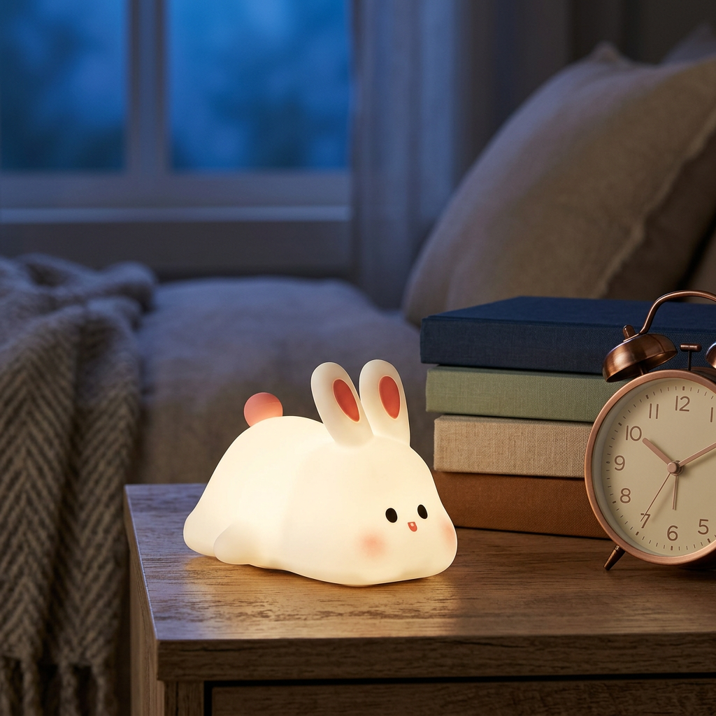 Cute LED Rabbit Lamp glowing softly on a bedside table at dusk, beside plain books and an alarm clock.