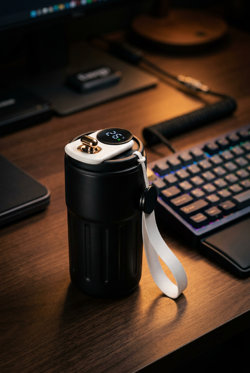 Black digital temperature mug on an evening work desk with warm lamp light