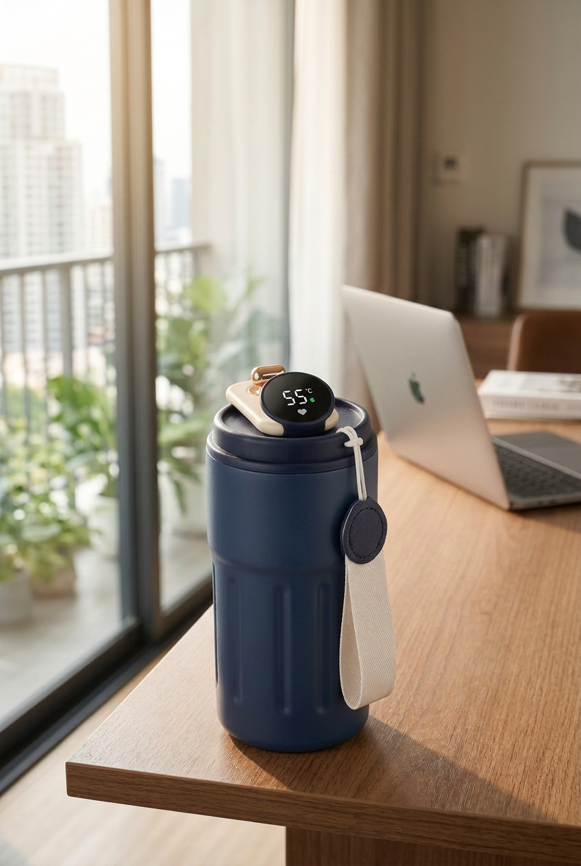 Blue digital temperature mug on a bright home-office desk in morning light