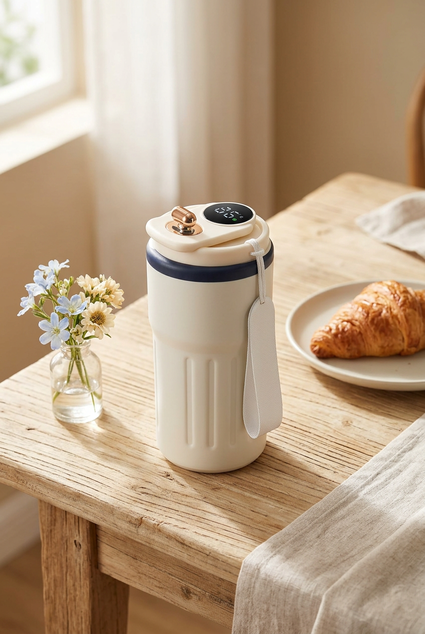 White digital temperature mug on a relaxed breakfast table in soft morning light