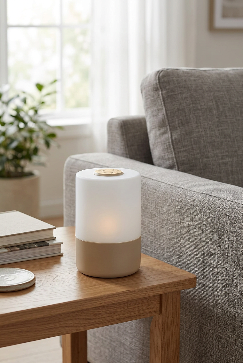 Evora rechargeable lamp on a living-room side table beside a sofa in soft daylight
