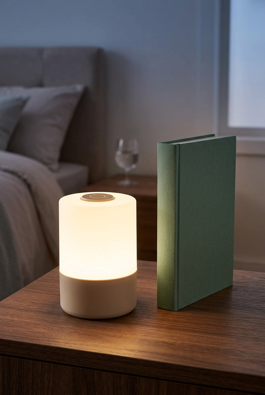Evora rechargeable bedside lamp glowing warmly on a bedside table beside a plain book