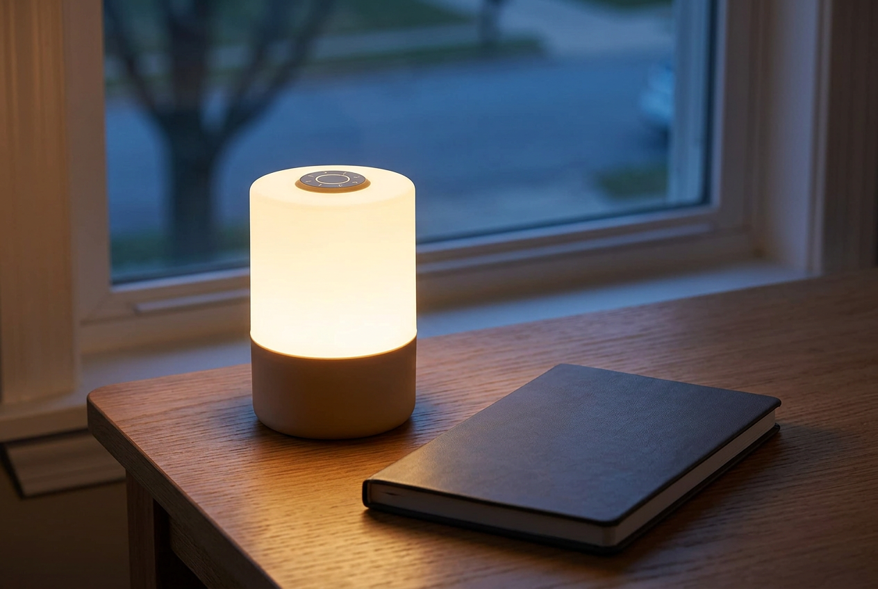 Evora rechargeable lamp glowing on a small desk beside a notebook in evening light