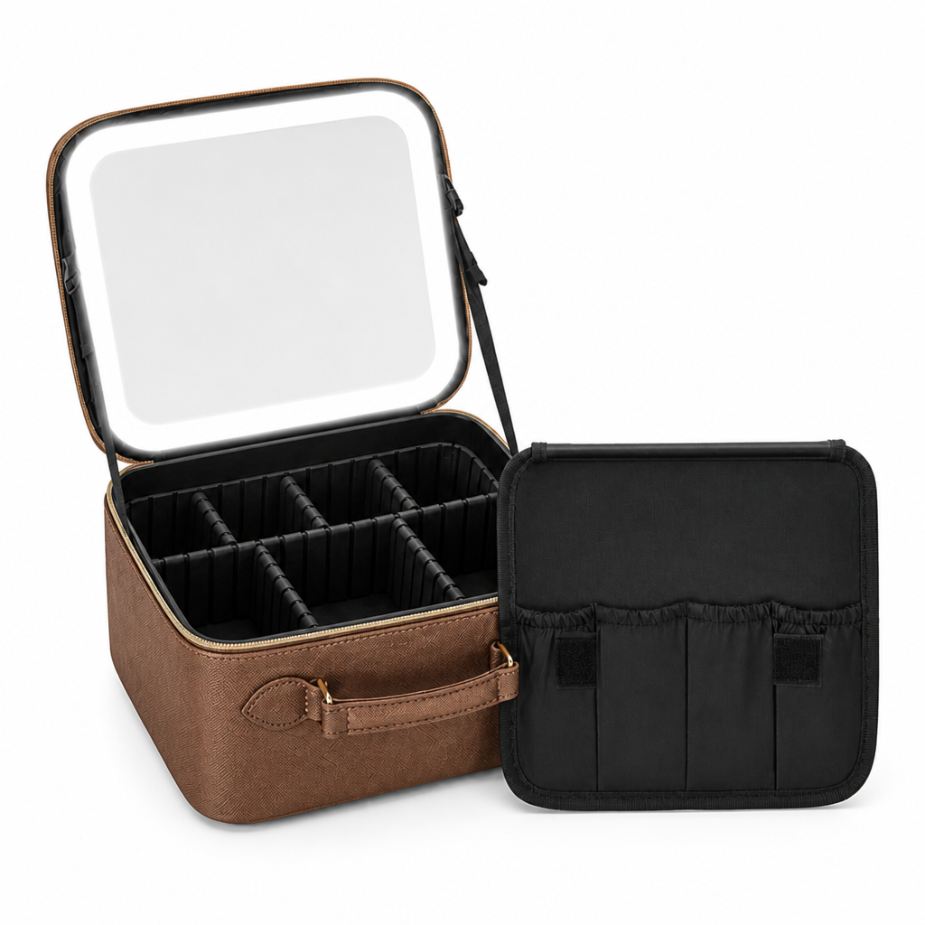 LED Mirror Portable Makeup Case — Brown