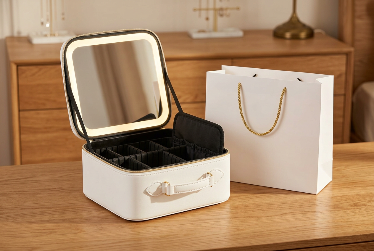 White LED mirror makeup case on a bedroom dresser beside a plain gift bag

